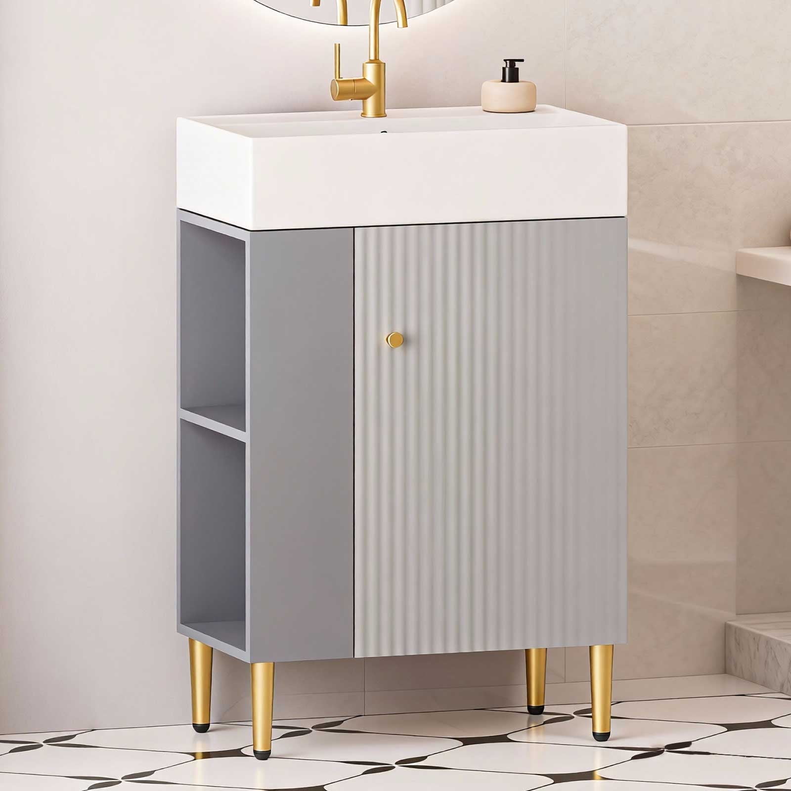 21.7" Bathroom Vanity with Ceramic Sink, Freestanding Bathroom Vanity with Open-Shelving Natural Wood Vanities Cabinet Soft Closing Door Right Storage for Small Bathroom Grey
