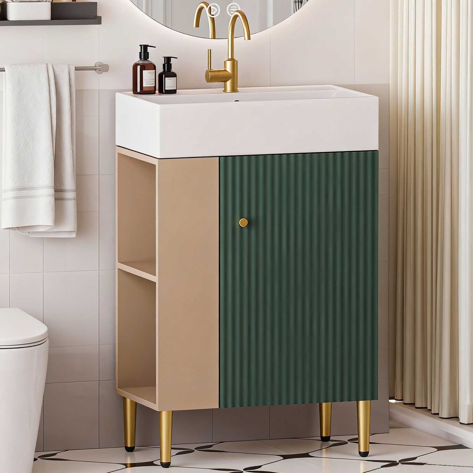 21.7" Bathroom Vanity with Ceramic Sink, Freestanding Bathroom Vanity with Open-Shelving Natural Wood Vanities Cabinet Soft Closing Door Right Storage for Small Bathroom Green