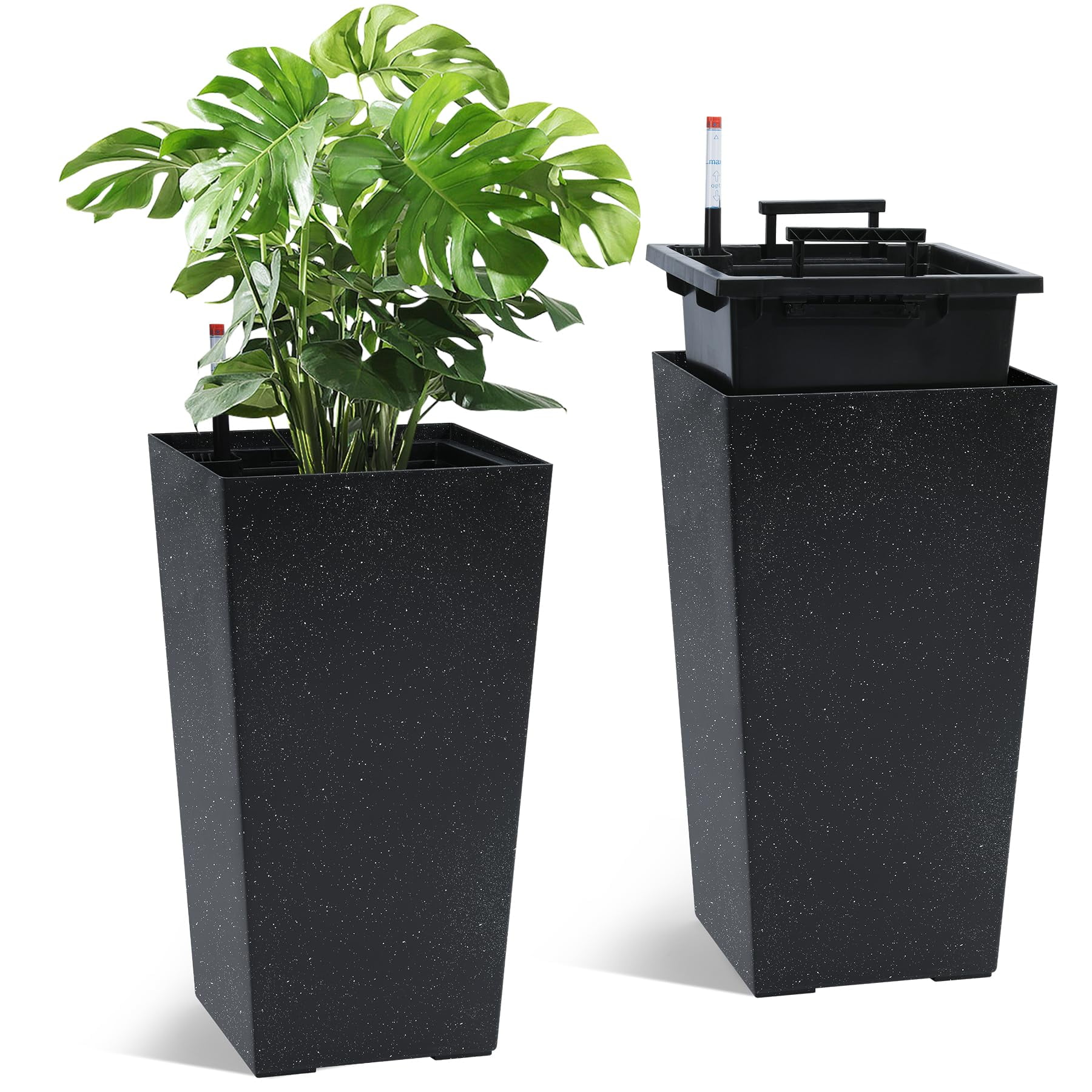 21.7" Tall Planters Set of 2,Outdoor＆Indoor Pots,High Front Porch Planter Pots with Drainage Holes＆Water Level Monitor＆Inner Bucket,Automatic Watering,for Patio,Porch,Living Room or Home Office