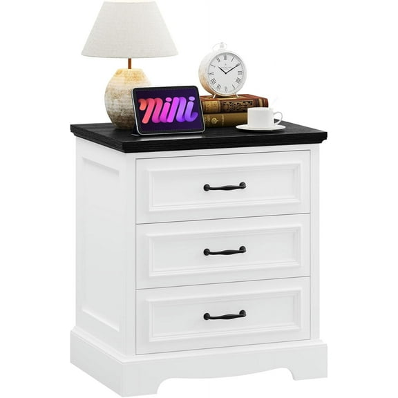 21.7" W White Farmhouse Nightstand with Charging Station,Wood Night Stand End Table with 3 Drawers Storage, Modern Side Table Bedside Cabinet for Bedroom Living Room,Dresser for Small Place (1)