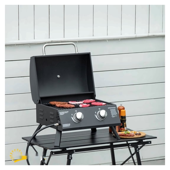 21.75" Portable BBQ Grill, 2 Burner Gas Grill with Thermometer & Folding Legs, Carbon Steel Outdoor Grill for Camping, Black