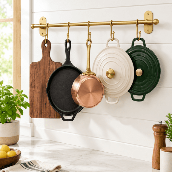 21.75" Wall Mounted Kitchen Utensil Rail with 5 Hooks, Antique Brass Iron