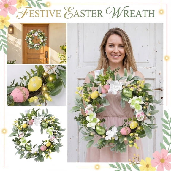 21.7In Collapsible Easter Egg Wreath With Led String Lights, Artificial Spring Flowers & Lamb's Ear Leaves, Indoor Outdoor Hanging Decor For Home, Front Door, Porch, Easter