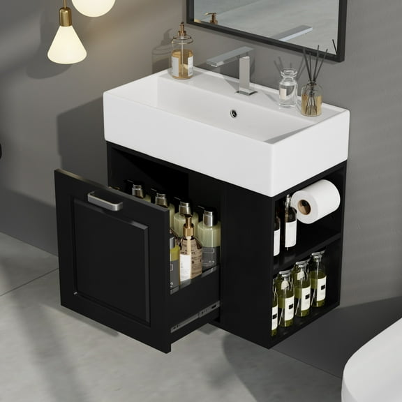 21.8" Bathroom Vanity with Sink Combo, Wall Mounted Floating Bathroom Cabinet with 1 Soft-Close Drawer, Toilet Paper Holder and Adjustable Shelf, Black