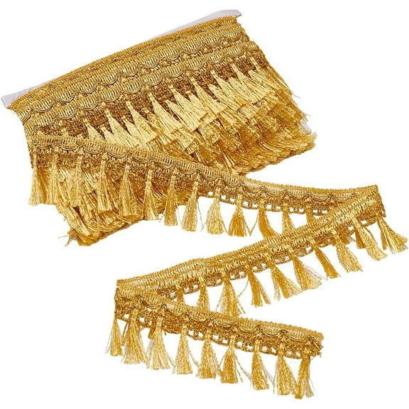 21.8 Yards Golden Fringe Trim 2 inch Metallic Gold Trim Filigree Lace Ribbon with Tassel Sewing Edging Fabric Ribbon for Curtain Lampshade Costume Craft Home Decor