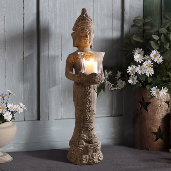 21.9" Outdoor Brown Buddha Statue with Candle Holder – Garden Decor