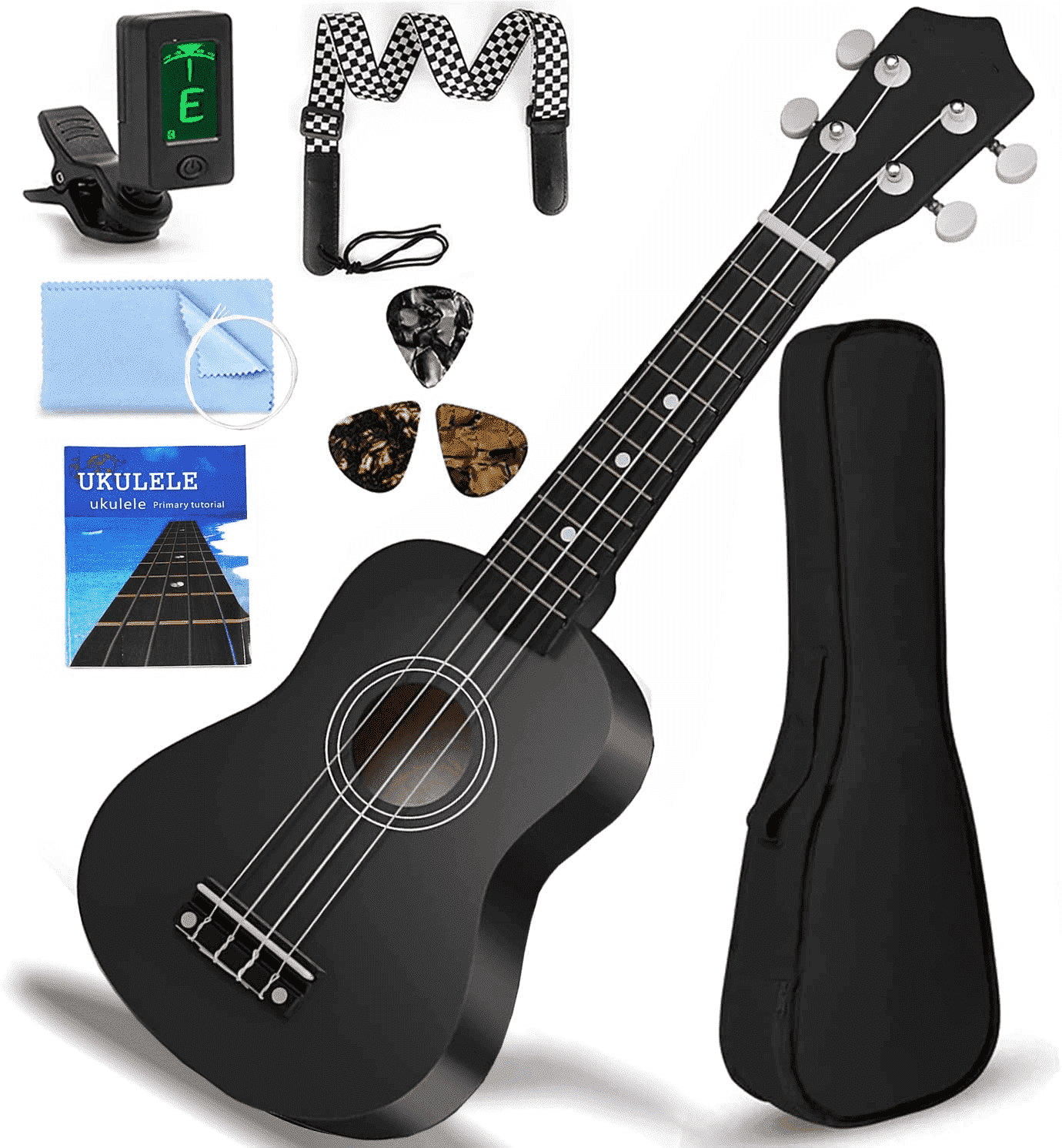 21'' Acoustic Basswood Ukulele Starter Kit w/ Carring Bag, Strap, Picks, Clip-On Tuner, Extra String - All-Inclusive Set