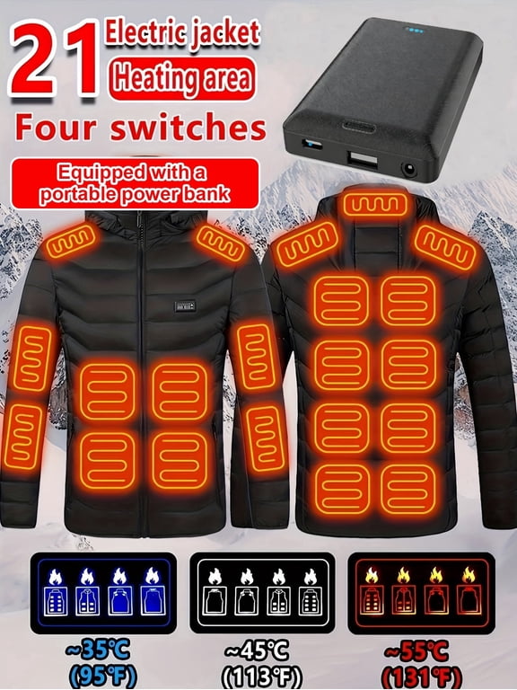 21 Areas Heated USB Electric Winter Outdoor Jacket, with 10000mAh Large-Capacity Battery