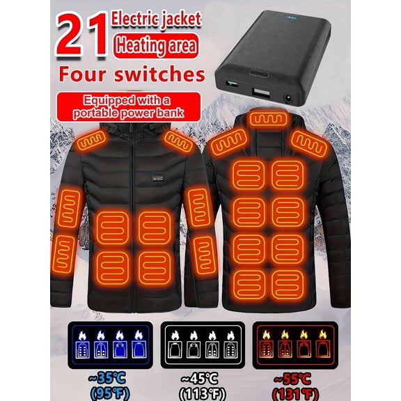21 Areas Heated USB Electric Winter Outdoor Warm Coat with 10000mAh Large Capacity Powerbank
