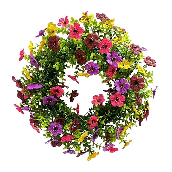 21 Artificial Wreath for Outdoor Indoor UV Resistant Fake Plastic Plants Faux Flowers with Eucalyptus Leaves for Home Garden, Porch, Window Box, Front Door, Mix for Fuchsia Yellow Red