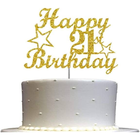 21 Birthday Cake Topper Gold Glitter, Party Decoration Ideas, Sturdy Doubled Sided Glitter, Acrylic Stick. Made in USA (21st)