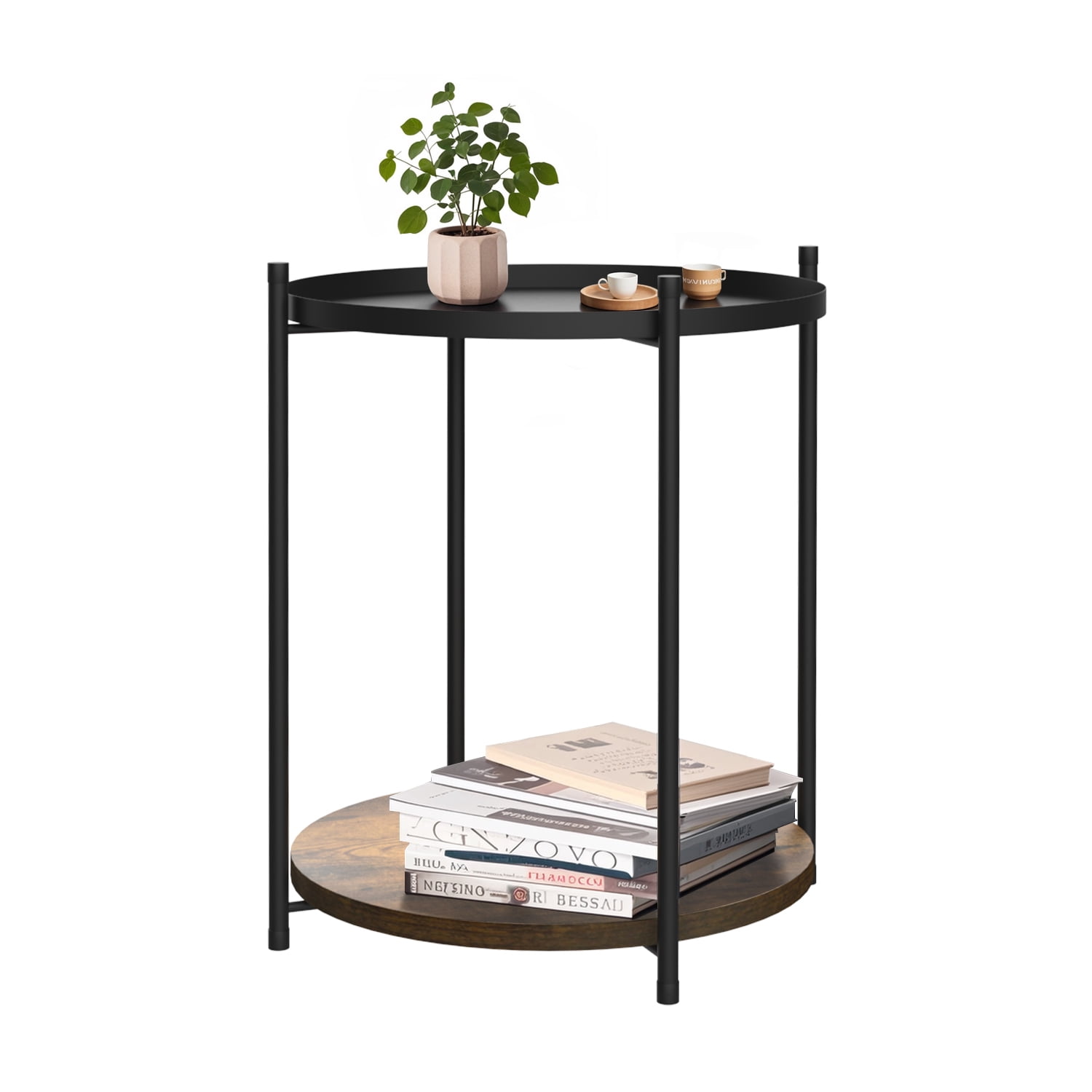 Round Black Metal End Table with Removable Tray