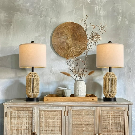 21" Boho Table Lamp for Living Room, Bedside Lamp for Nightstands, Rattan Lamp for Bedroom, Farmhouse Table Lamp for Room Decor, End Table, Retro, Brown, 1 Pack