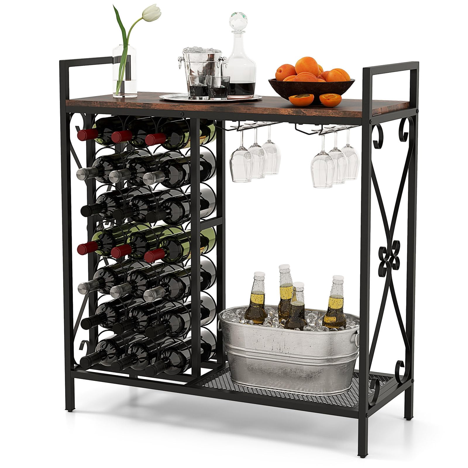 21-Bottle Wine Rack Freestanding Floor, Wine Bar Table with 6-Glass ...