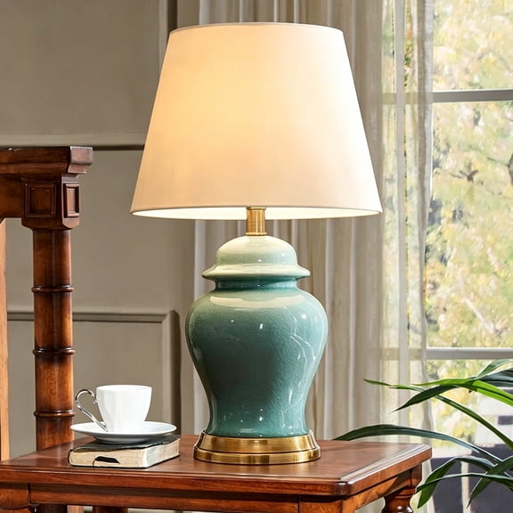 21" Ceramic Table Lamp, Crackle Glaze Ginger Jar Bedside Lamp with Fabric Shade for Bedroom Living Room