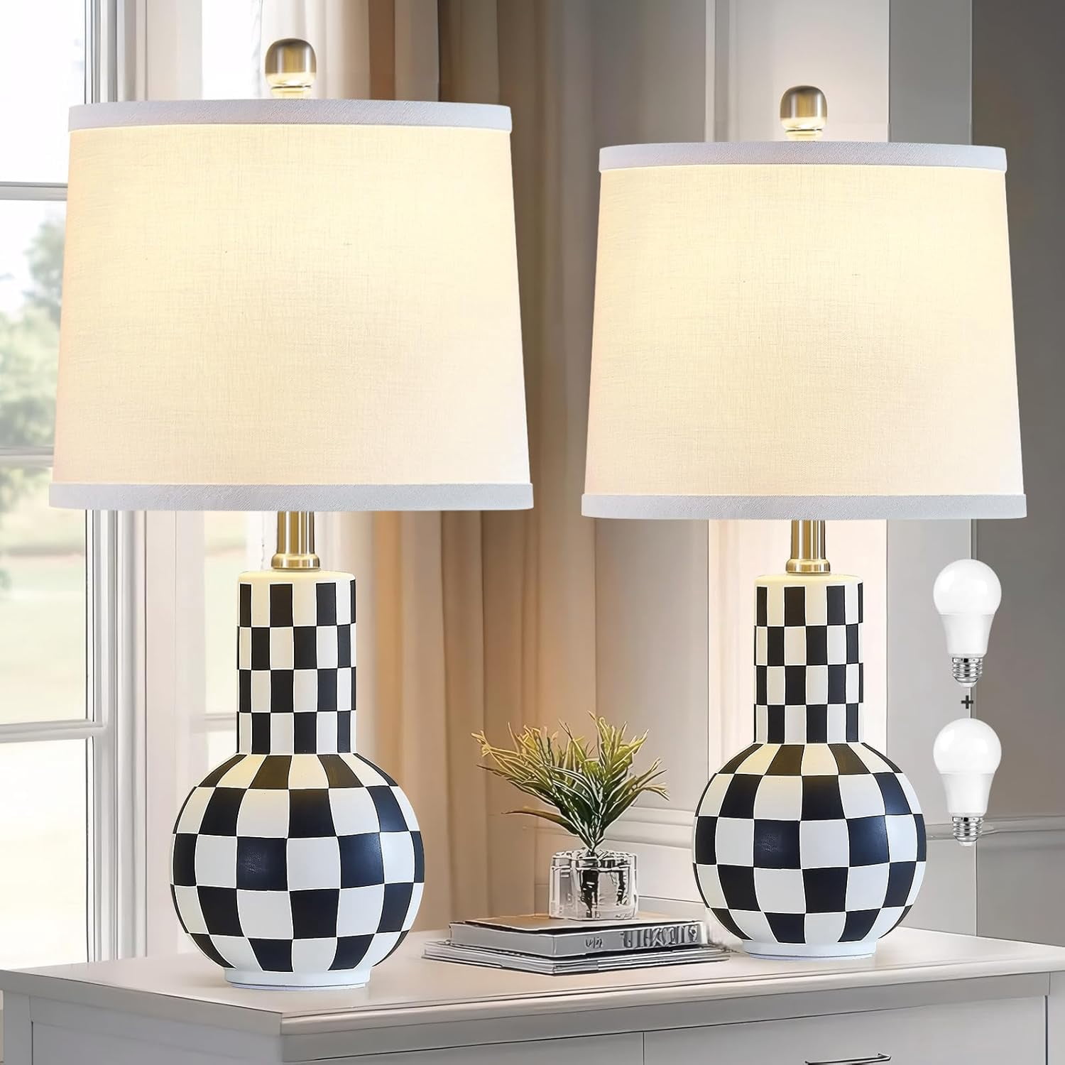 21" Ceramic Table Lamp Set of 2 Black and White Desk Lamps for Bedroom ...