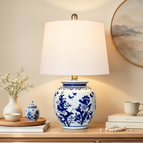 21" Classic Blue and White Ceramic Table Lamp for Bedroom, Traditional Porcelain Ginger Jar Nightstand Lamp for Living Room, Entryway, and Nightstand
