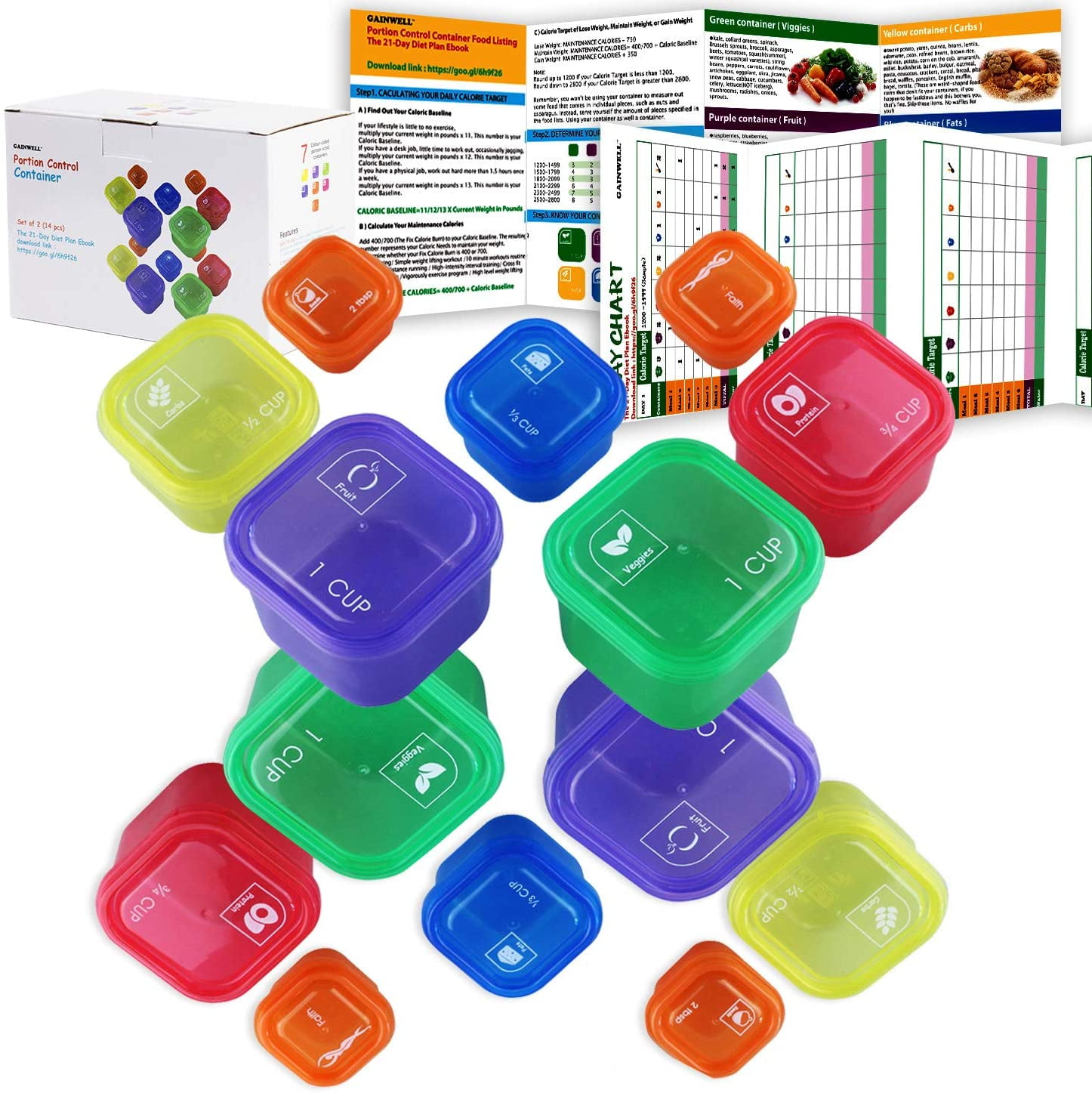 Efficient Nutrition Portion Control Containers DELUXE Kit (14-Piece) with  COMPLETE GUIDE + 21 DAY PLANNER + RECIPE eBOOK BPA FREE Color Coded Meal