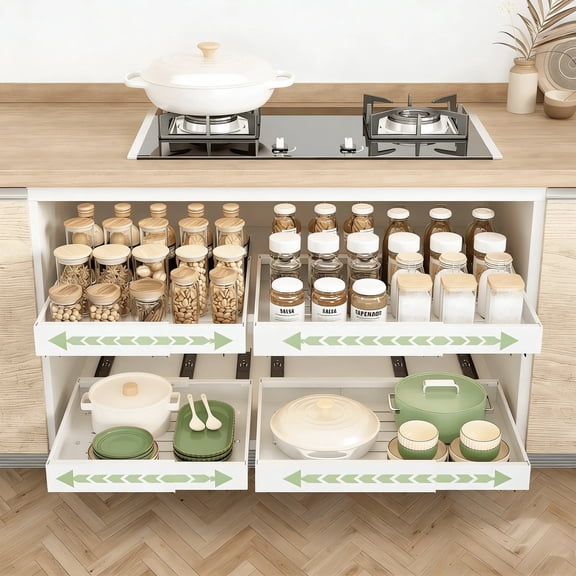 Expandable (13''-19'') Kitchen Pull Out Cabinet Organizer, Pull Out Drawers Bathroom Drawer Organizer Upgraded 3 Slide Rails, 21" Deep Slide Out Drawers for Kitchen, Bathroom, Under Sink Storage