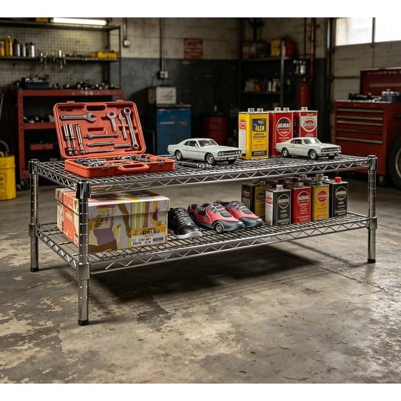 21" Deep x 42" Wide x 14" Height Wire Shelving Kit, 2-Tier Commercial Storage Rack Unit