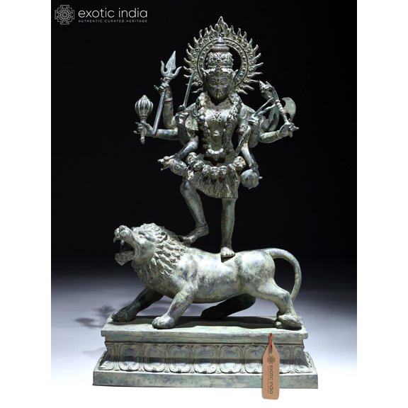 21" Eight Armed Goddess Mahakali Standing on Roaring Lion | Balinese Brass Statue | Made in India