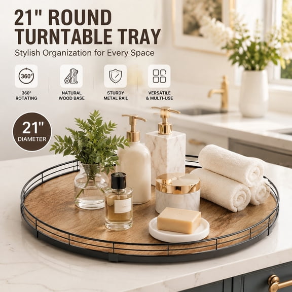 21" Extra Large Round Lazy Susan Turntable Organizer for Kitchen Table, Farmhouse Style Serving Tray, Bathroom Vanity Decor, Charcuterie Centerpiece