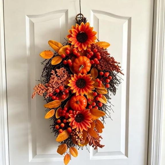 21" Fall Harvest Teardrop Sunflower Swag Wreath for Front Door Wall