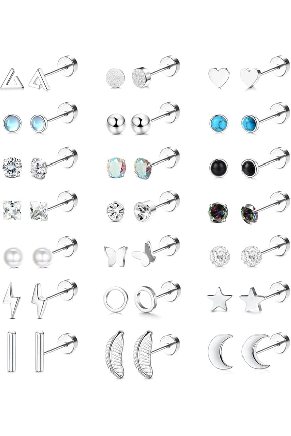 21 Fine Pairs Hypoallergenic Flat Back Earrings for Women Men Silver/Gold Stud Set Dainty Surgical Steel Star Zirconia Cartilage Helix Piercing Sleeper[j512]