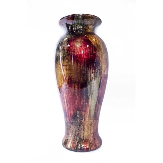 21" Foiled & Lacquered Ceramic Vase - Red, Copper And Brown