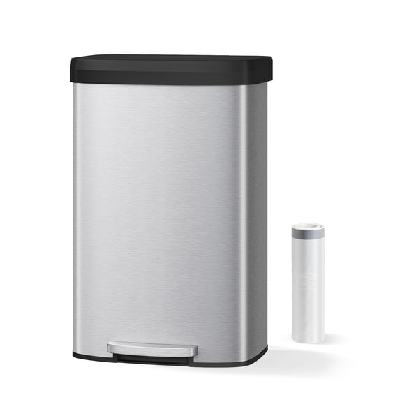 21 Gal / 80 L Step-on Trash Can, Large Metal Kitchen Garbage Bin with Soft Close Lid, Rustproof Stainless Steel Trash Can, Inner Bucket Rim & Rear Handle