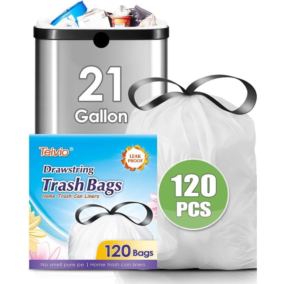 21 Gallon 120 Counts Strong Drawstring Trash Bags Garbage Bags by , Bathroom Trash Can Bin Liners, Plastic Bags for home office kitchen, White