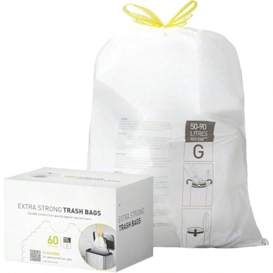 21 Gallon / 50-90 Liter, 60 Count Drawstring Trash Bags, Extra-Strong Unscented Garbage Bags, Easy-Dispense Roll for Kitchen & Household Use, Code G, White
