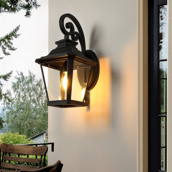 21"H 1-Pack Outdoor Wall Sconce, Vintage Black Metal & Clear Glass Lantern with Decorative Scroll Design for Porch, Patio, and Garden Lighting (Bulb Not Included)