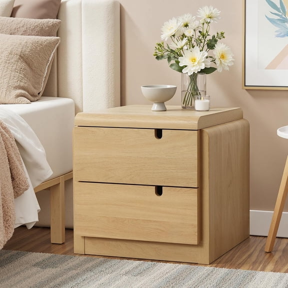 21" H Modern Nightstand with 2 Drawers, Mid Century Modern Oak Night Stand with Curved Edge, Bedside Table with Storage, Wooden Accent End Table, Small Night Stand for Bedroom, Living Room