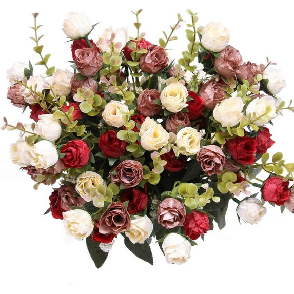 21 Heads Silk Rose Bouquet Artificial Flowers Mini Rose for DIY Wedding Bouquets Centerpieces Bridal Shower Party Home Decorations,Pack of 4 (Rose Red)