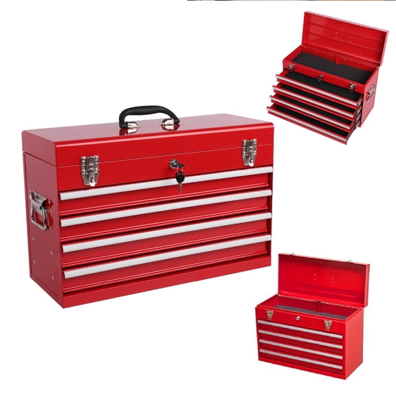 21" Heavy Duty Metal Tool Box with EVA Liners, Ball Bearing Slides, Lock & Lid, 4-Drawer Steel Tool Chest for Garage, Workshop, Auto Mechanics, Red