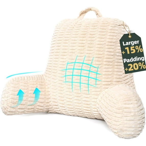 21" Higher Large Reading Pillow for Bed Adult, Back Pillow for Bed Sitting Up with Memory Foam Back Support with Arms Rest for Couch Chair Beige
