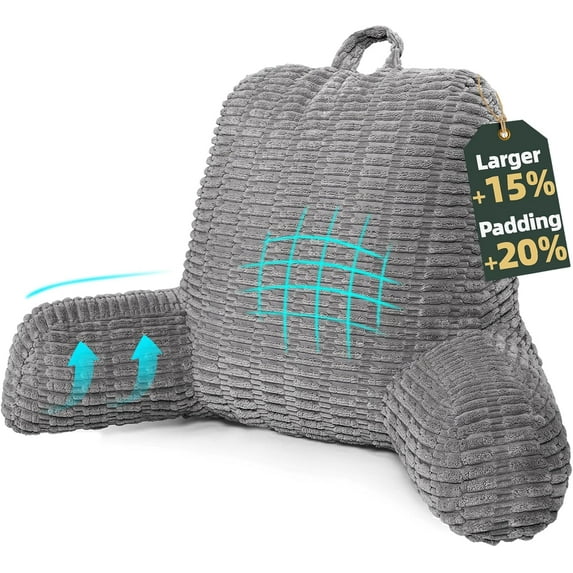 21" Higher Large Reading Pillow for Bed Adult, Back Pillow for Bed Sitting Up with Memory Foam Back Support with Arms Rest for Couch Chair Gray