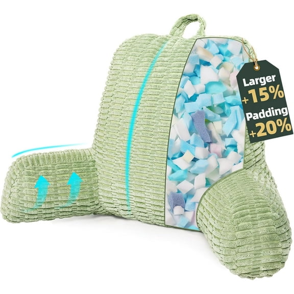 21" Higher Large Reading Pillow for Bed Adult, Back Pillow for Bed Sitting Up with Memory Foam Back Support with Arms Rest for Couch Chair Green