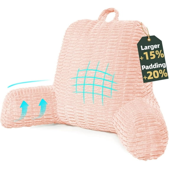 21" Higher Large Reading Pillow for Bed Adult, Back Pillow for Bed Sitting Up with Memory Foam Back Support with Arms Rest for Couch Chair Pink