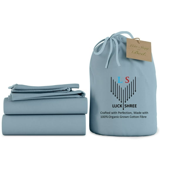 21-INCH EXTRA DEEP POCKETS - 700-Thread-Count 100% Organic - Queen Size Organic Cotton Sheet Set- Light Blue