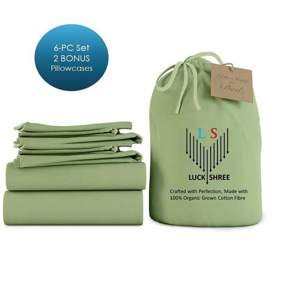 21-INCH EXTRA DEEP POCKETS -Short Queen Organic 800-TC Cotton 6-PC Sheet Set with 4 Pillowcases - Sage