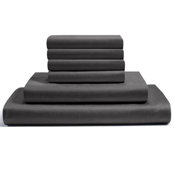 21-INCH EXTRA DEEP POCKETS -Twin Egyptian 300-TC Cotton 6-PC Sheet Set with 1 Fitted Sheet, 1 Oversized Flat Sheet 4 Pillowcases - Dark Grey