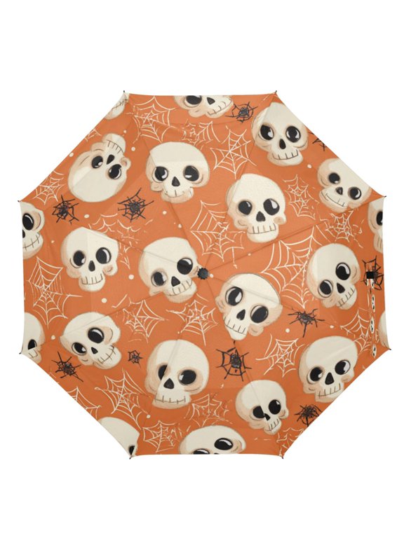 21" Inch Auto Open Close Folding Umbrella Windproof Waterproof Full Print 8-Rib Compact Travel Umbrella for Rainy Days Adorable Skulls and Spider Webs