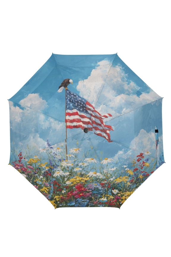 21" Inch Auto Open Close Folding Umbrella Windproof Waterproof Full Print 8-Rib Compact Travel Umbrella for Rainy Days American Flag Is Flying in The Wind