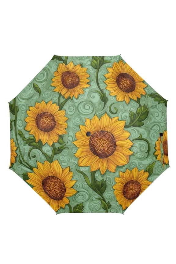 21" Inch Auto Open Close Folding Umbrella Windproof Waterproof Full Print 8-Rib Compact Travel Umbrella for Rainy Days Beautiful Hand-painted Sunflowers