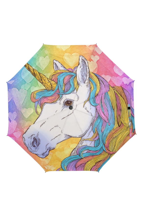 21" Inch Auto Open Close Folding Umbrella Windproof Waterproof Full Print 8-Rib Compact Travel Umbrella for Rainy Days Beautiful Unicorn with A Rainbow