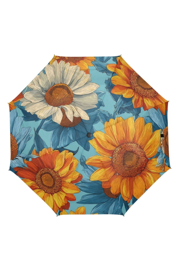 21" Inch Auto Open Close Folding Umbrella Windproof Waterproof Full Print 8-Rib Compact Travel Umbrella for Rainy Days Blue and Yellow Beautiful Sunflowers