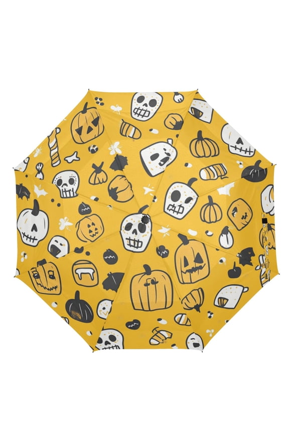 21" Inch Auto Open Close Folding Umbrella Windproof Waterproof Full Print 8-Rib Compact Travel Umbrella for Rainy Days Cartoon Halloween Pattern Skulls