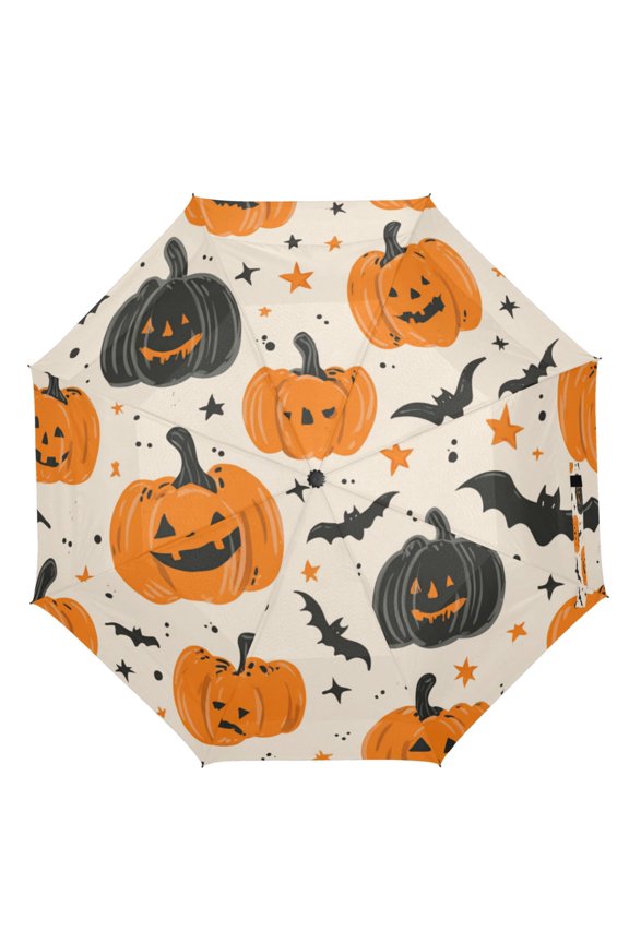 21" Inch Auto Open Close Folding Umbrella Windproof Waterproof Full Print 8-Rib Compact Travel Umbrella for Rainy Days Cartoon Halloween Pumpkins and Bats
